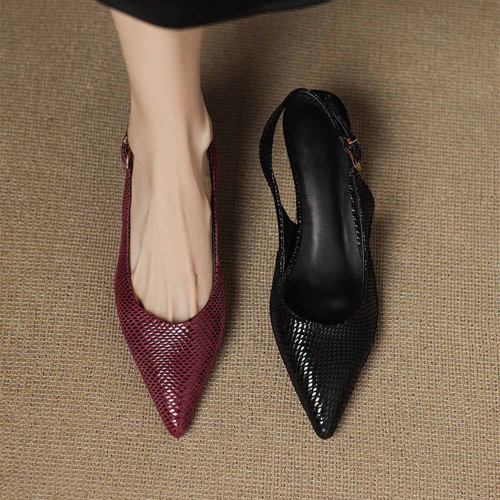 Pointed leather slingback heels, top view of Garnet Wine pair