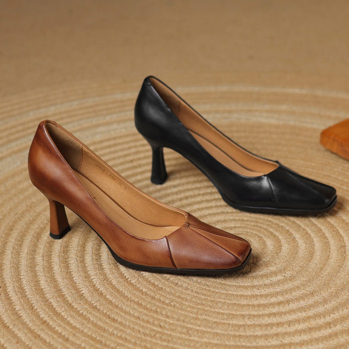Carolyn | Pleated Square-Toe Leather Pumps