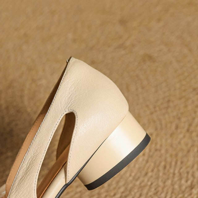 Close-up of low heel on Loretta leather heels