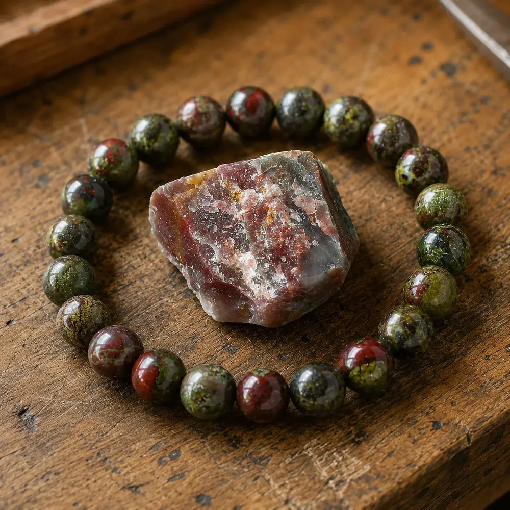 Dragon blood jasper bracelet on wrist for strength and vitality