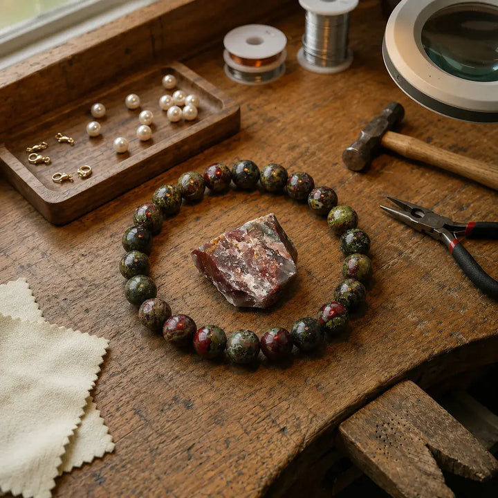 Close-up of natural dragon blood jasper gemstone healing beads