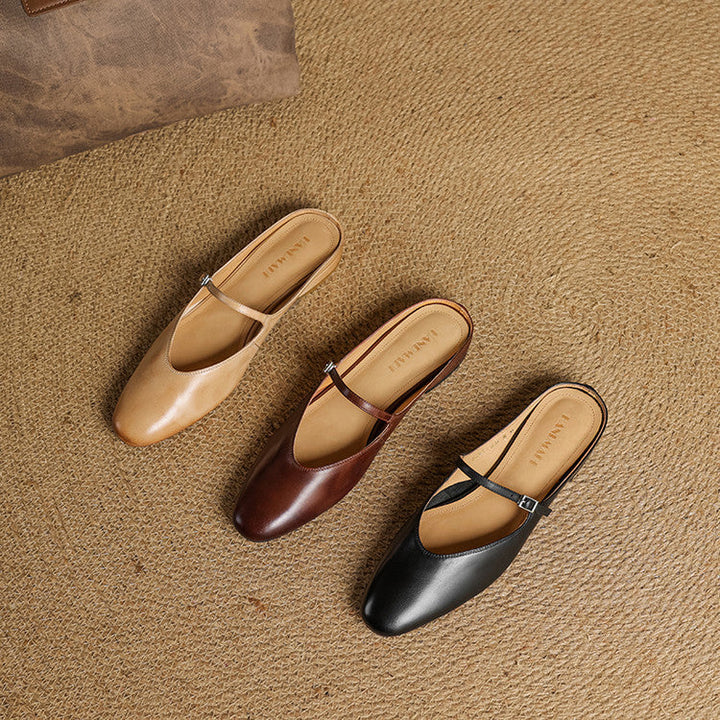 Mary-Jane leather mule, angled low block-heel view