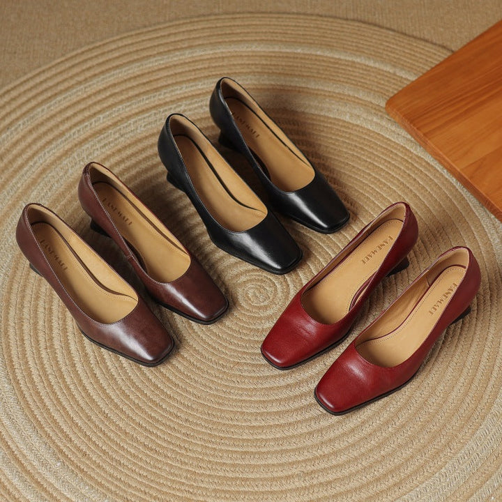 Gail | Square-Toe Flare-Heel Leather Pumps