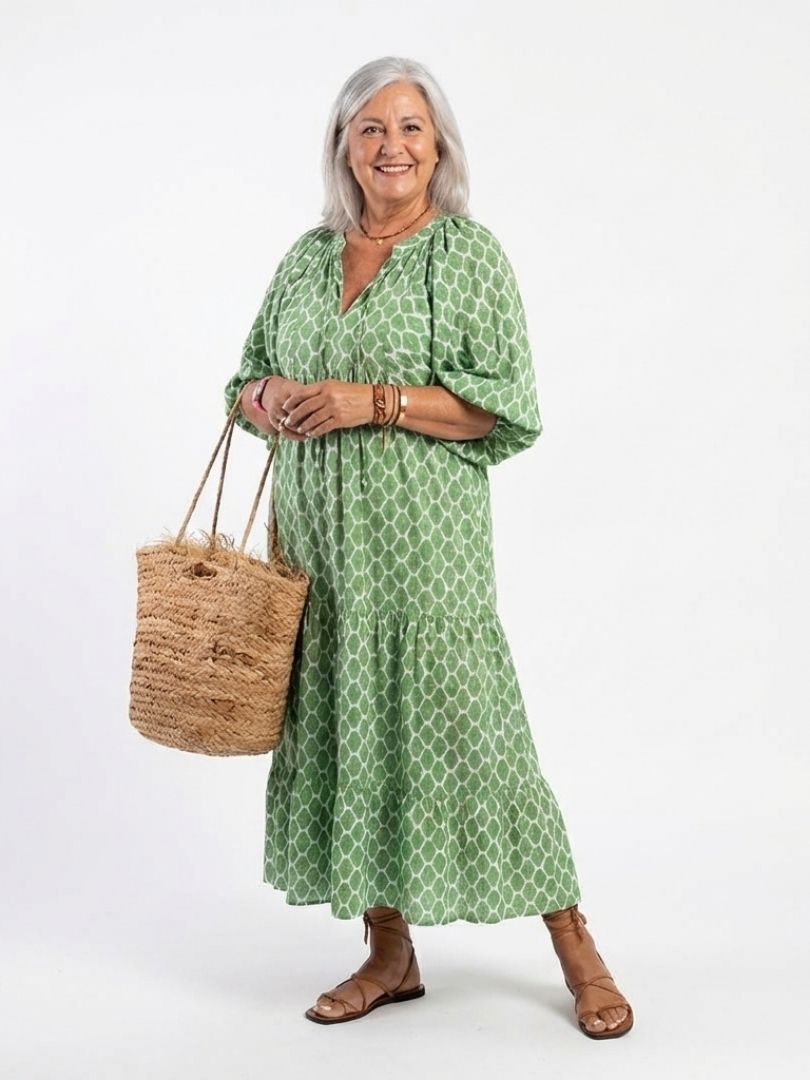 Apolline | Midi Dress with V-Neck and Three-Quarter Sleeves in Patterned Design