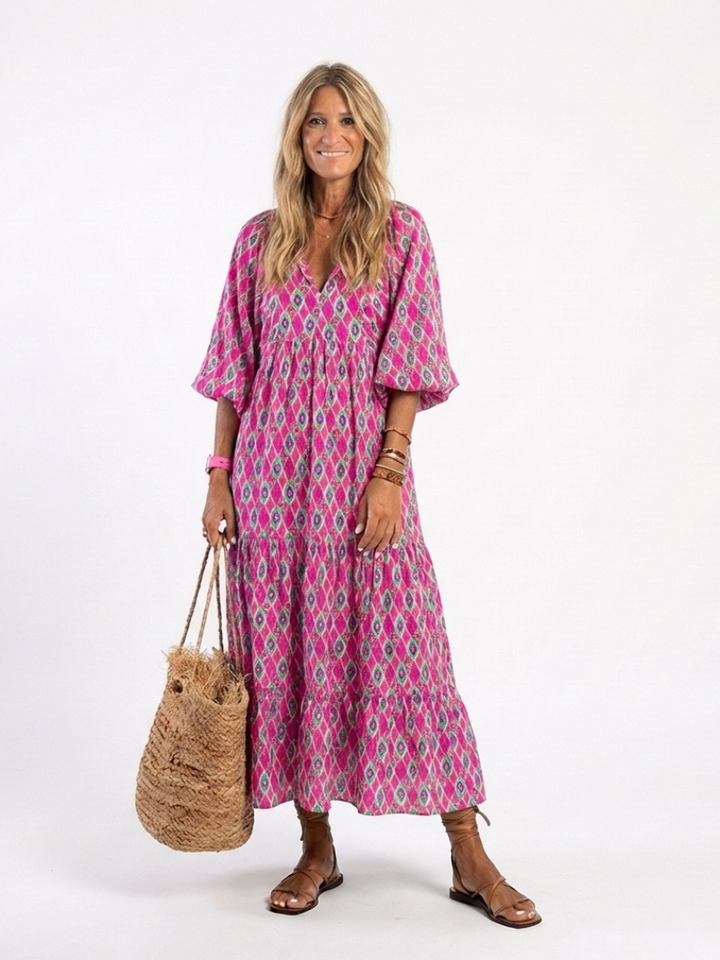 Apolline | Midi Dress with V-Neck and Three-Quarter Sleeves in Patterned Design