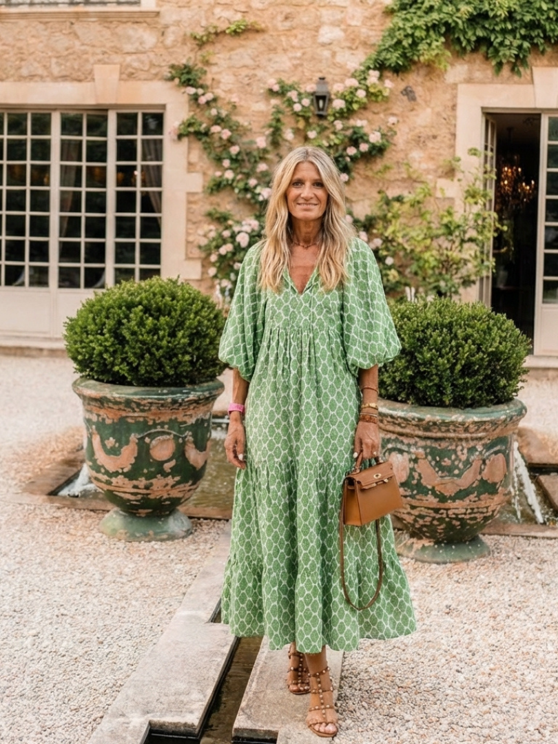 Apolline | Midi Dress with V-Neck and Three-Quarter Sleeves in Patterned Design