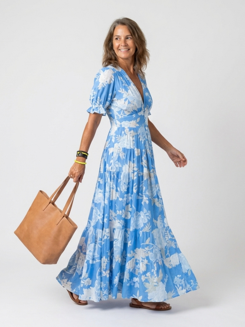 Ione | Floral Midi Dress with Short Sleeves and V-Neck