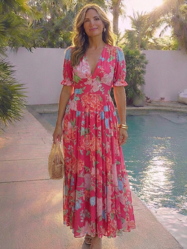 Ione | Floral Midi Dress with Short Sleeves and V-Neck