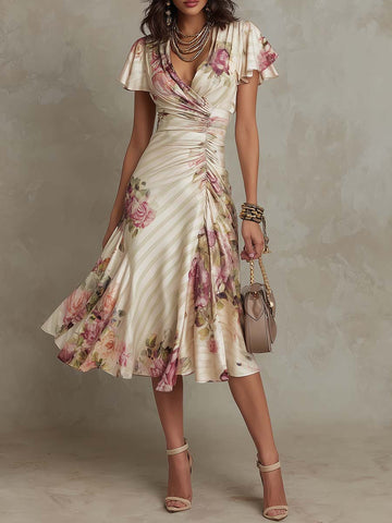 Alba | Chic Floral Ruched Midi Wrap Dress