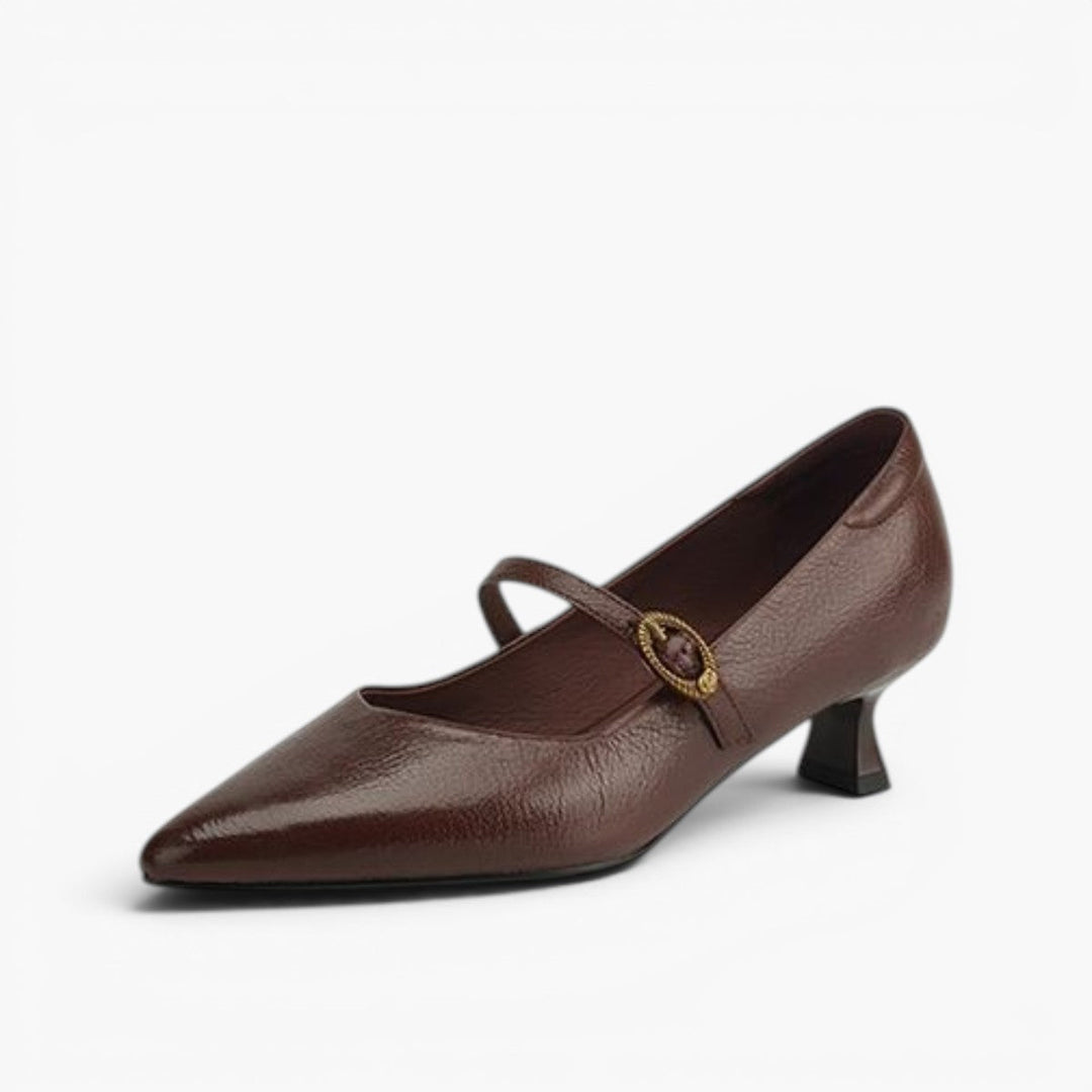 Rosalie pointed leather Mary-Jane kitten heels in Espresso Brown, side profile