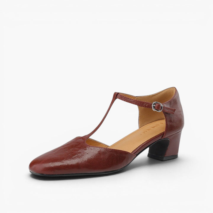 Women's leather T-strap heels, side profile