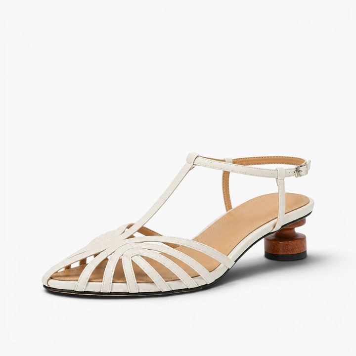 Close-up of heel on Patricia woven T-strap heels
