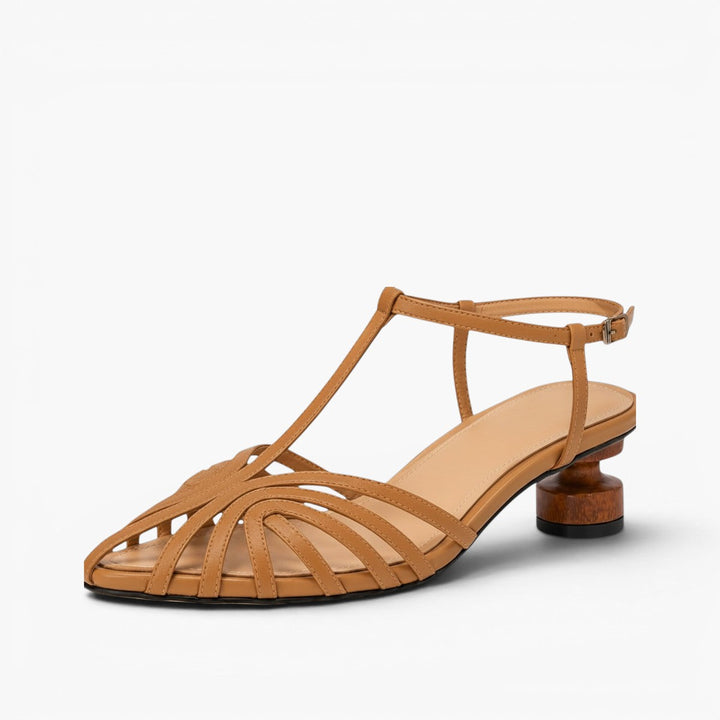 Patricia woven T-strap heels in Desert Tan, side profile