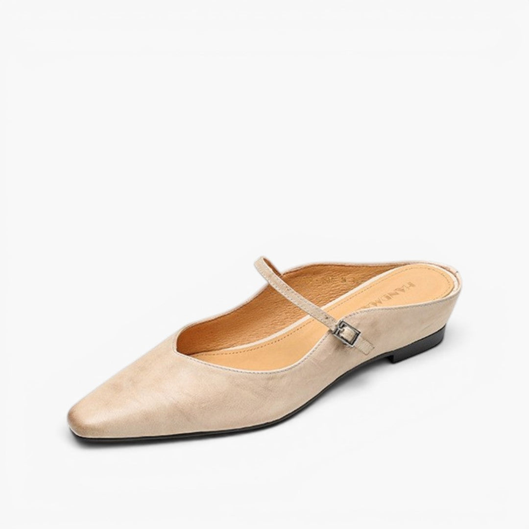 Rosalyn round-toe leather flat mules in Sand Beige, side profile