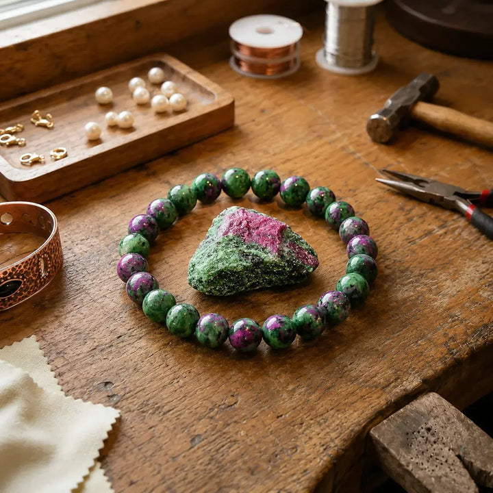 Epidote crystal bracelet on wrist for emotional healing and renewal