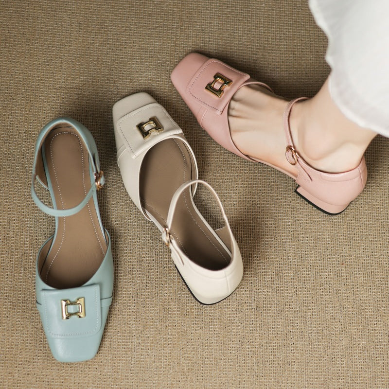 Buckle leather Mary-Janes styled with cropped trousers
