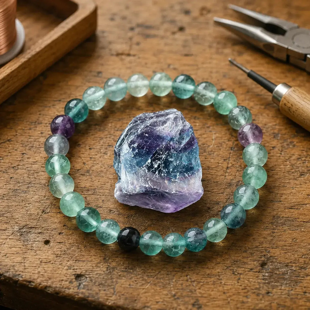 Close-up of natural fluorite gemstone healing beads
