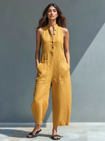 Aurelyn™ - High Collar Sleeveless Jumpsuit with Button Details