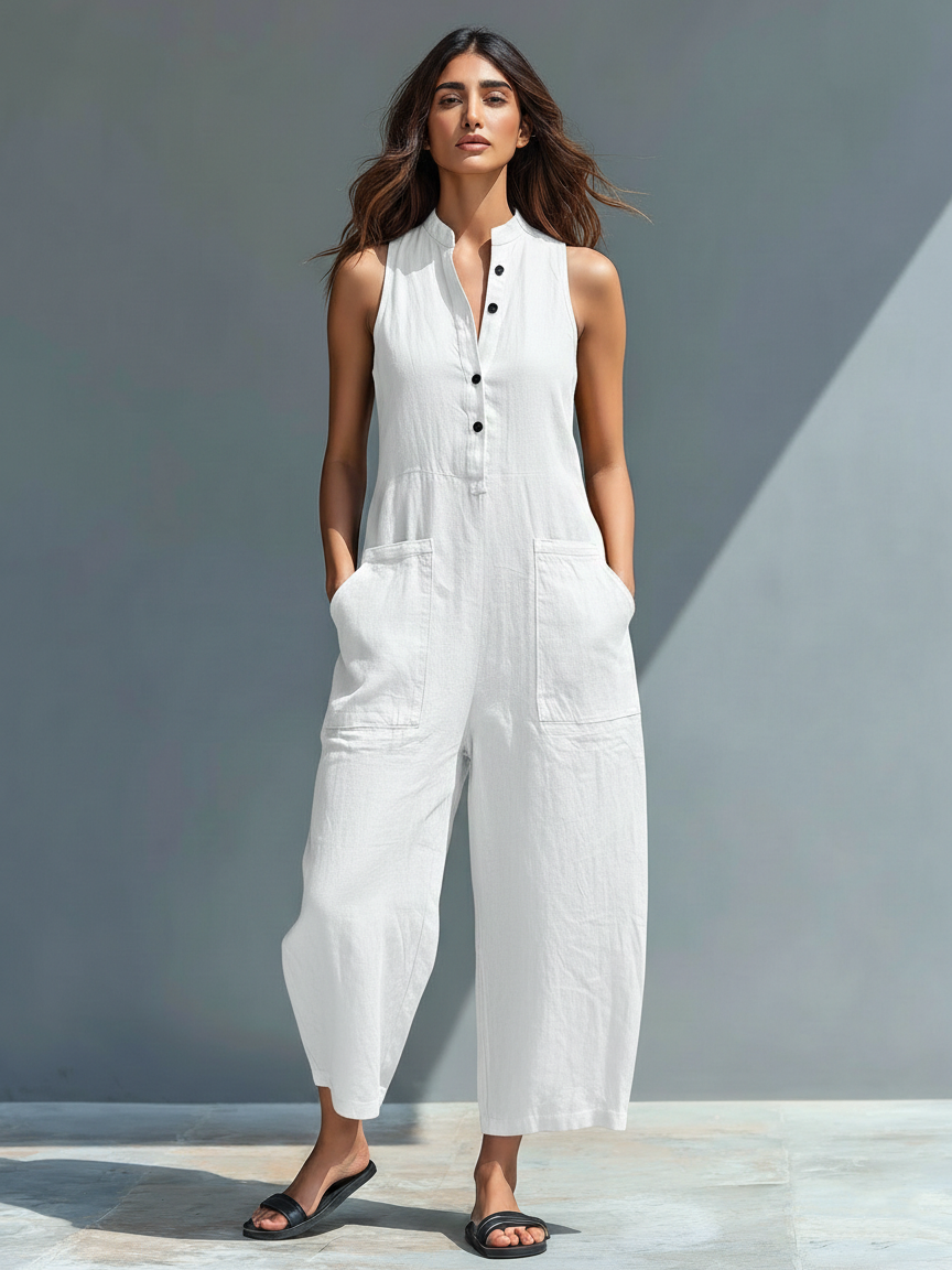 Aurelyn™ - High Collar Sleeveless Jumpsuit with Button Details