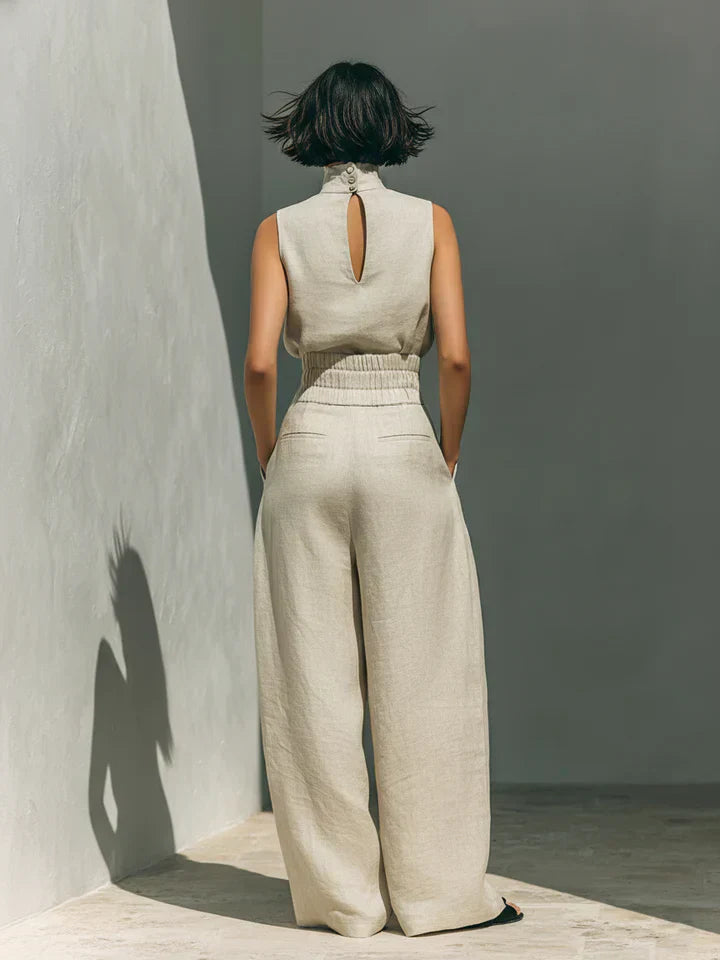 Flor™ | Completo Minimalista: Canotta e Pantaloni a Gamba Larga in Cotone e Lino per Donna