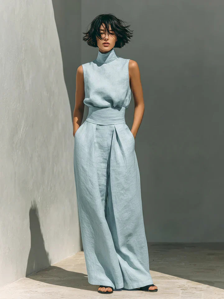 Flor™ | Completo Minimalista: Canotta e Pantaloni a Gamba Larga in Cotone e Lino per Donna