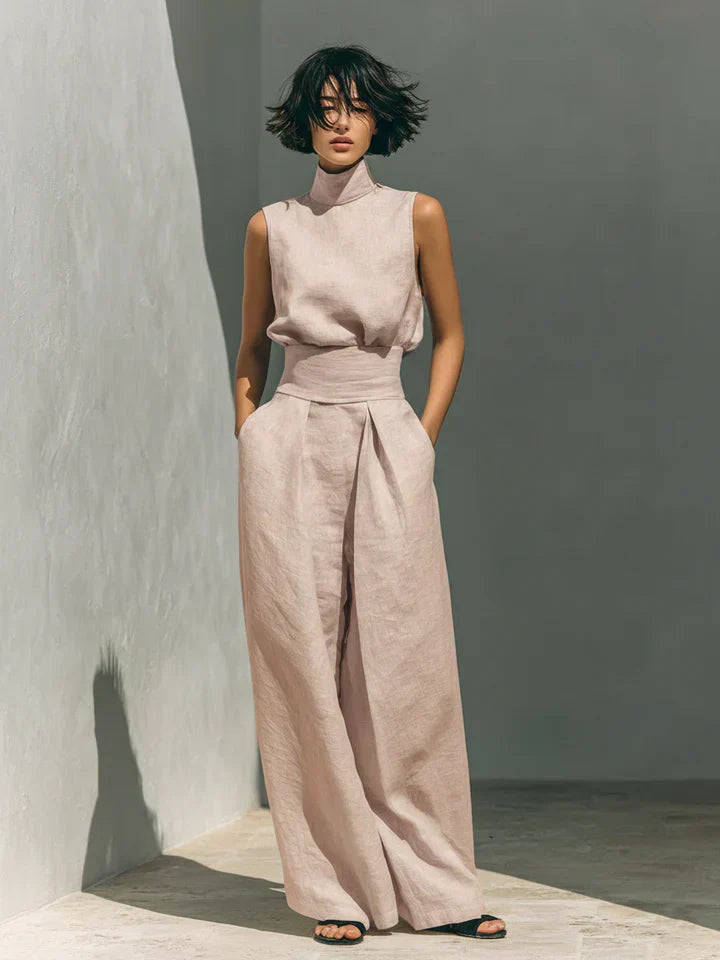 Flor™ | Completo Minimalista: Canotta e Pantaloni a Gamba Larga in Cotone e Lino per Donna