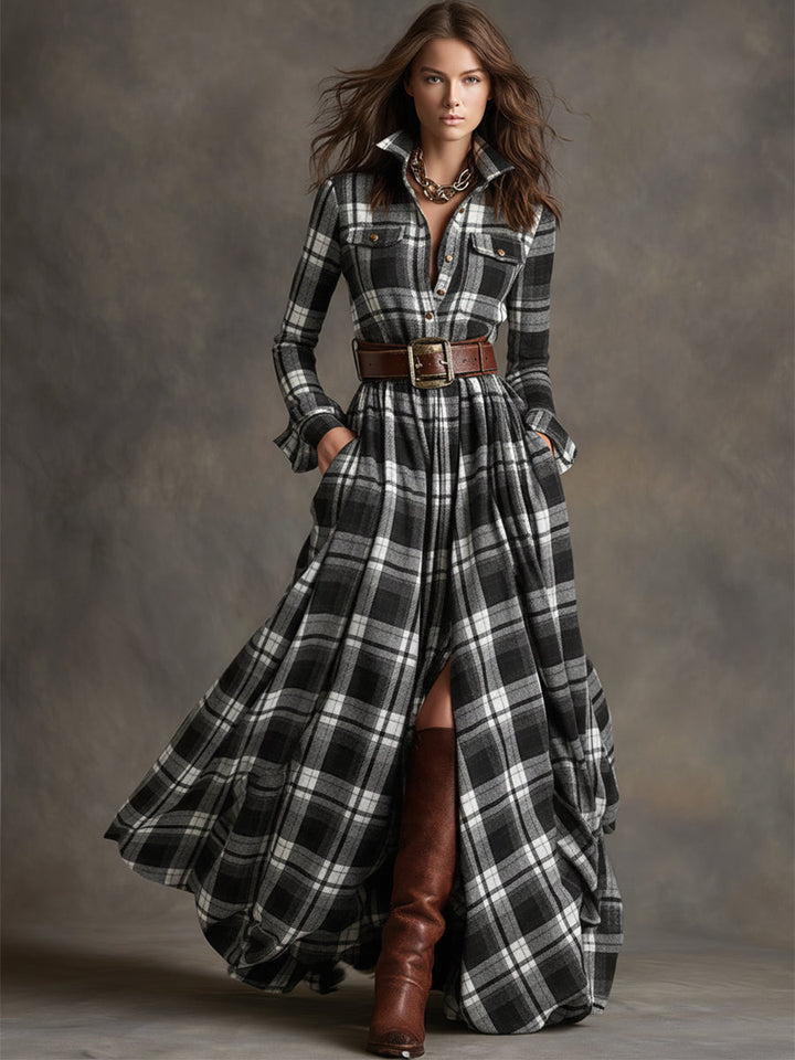 Solaria™ - Plaid Maxi Long Sleeves Dress with Belt