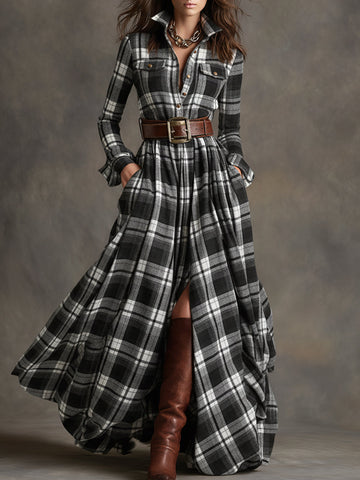 Solaria™ - Plaid Maxi Long Sleeves Dress with Belt