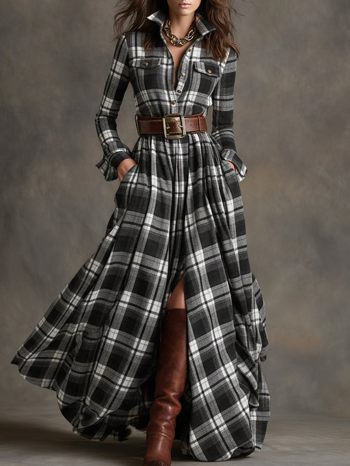 Solaria™ - Plaid Maxi Long Sleeves Dress with Belt
