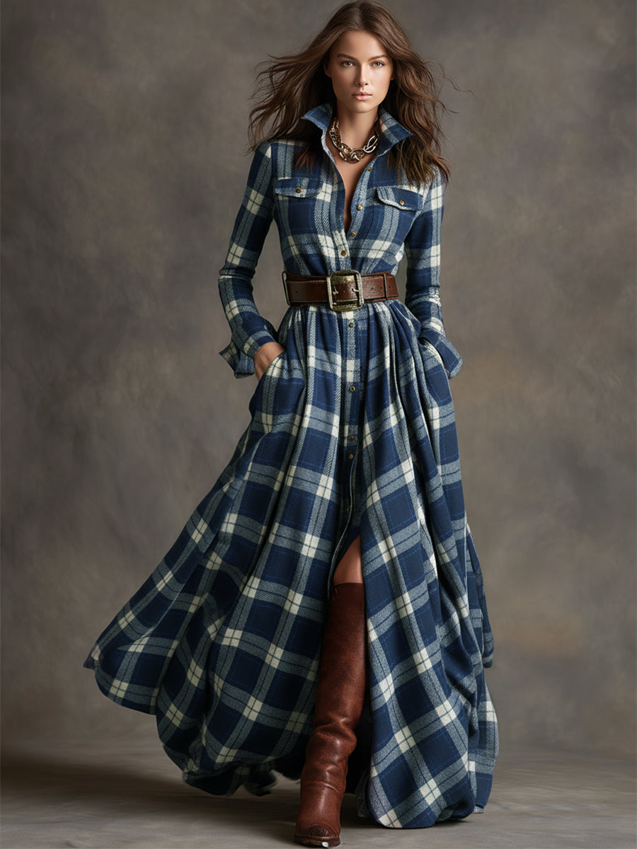 Solaria™ - Plaid Maxi Long Sleeves Dress with Belt