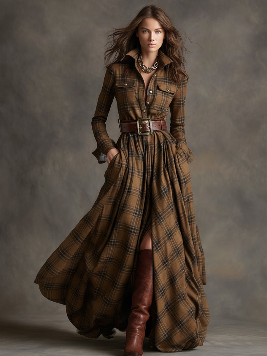 Solaria™ - Plaid Maxi Long Sleeves Dress with Belt