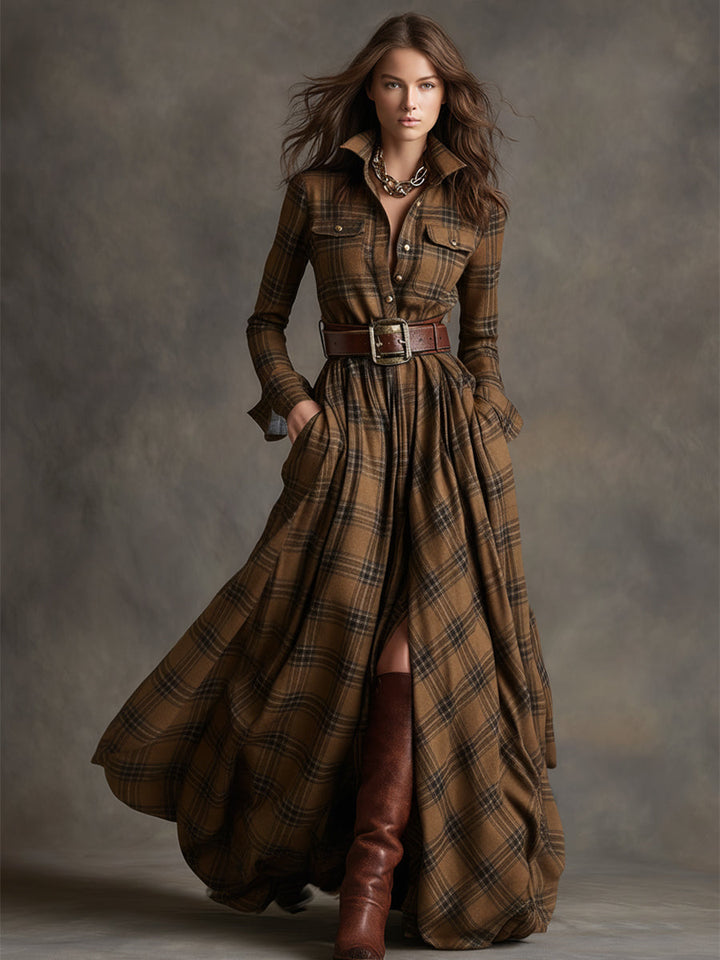 Solaria™ - Plaid Maxi Long Sleeves Dress with Belt