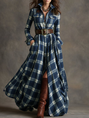 Solaria™ - Plaid Maxi Long Sleeves Dress with Belt