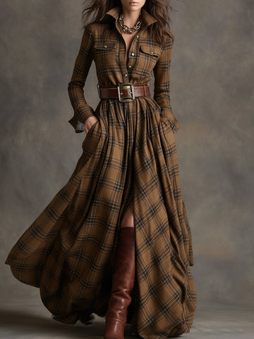 Solaria™ - Plaid Maxi Long Sleeves Dress with Belt