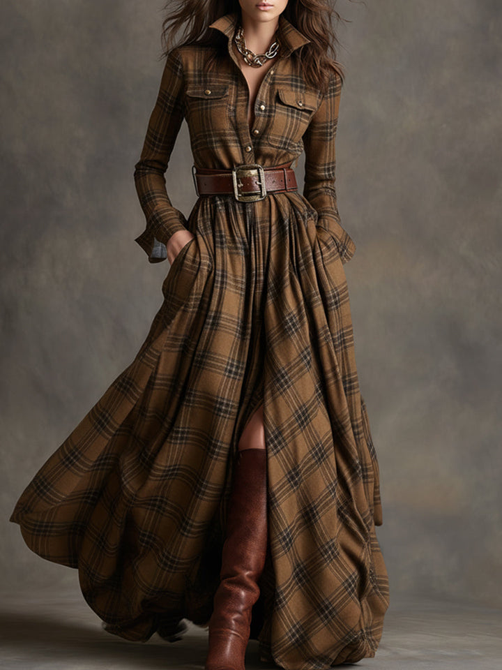 Solaria™ - Plaid Maxi Long Sleeves Dress with Belt