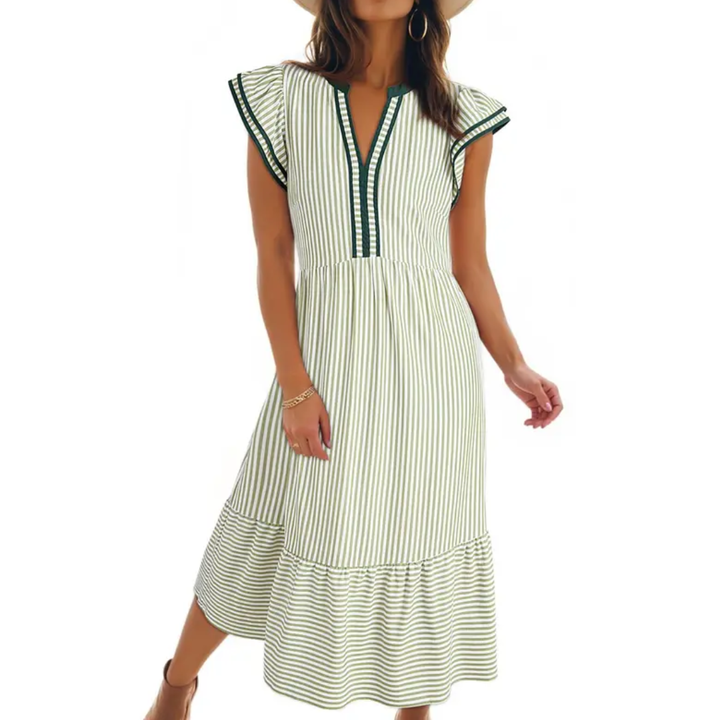 Leonora™ – Ruffled Cap Sleeves Striped Midi Dress
