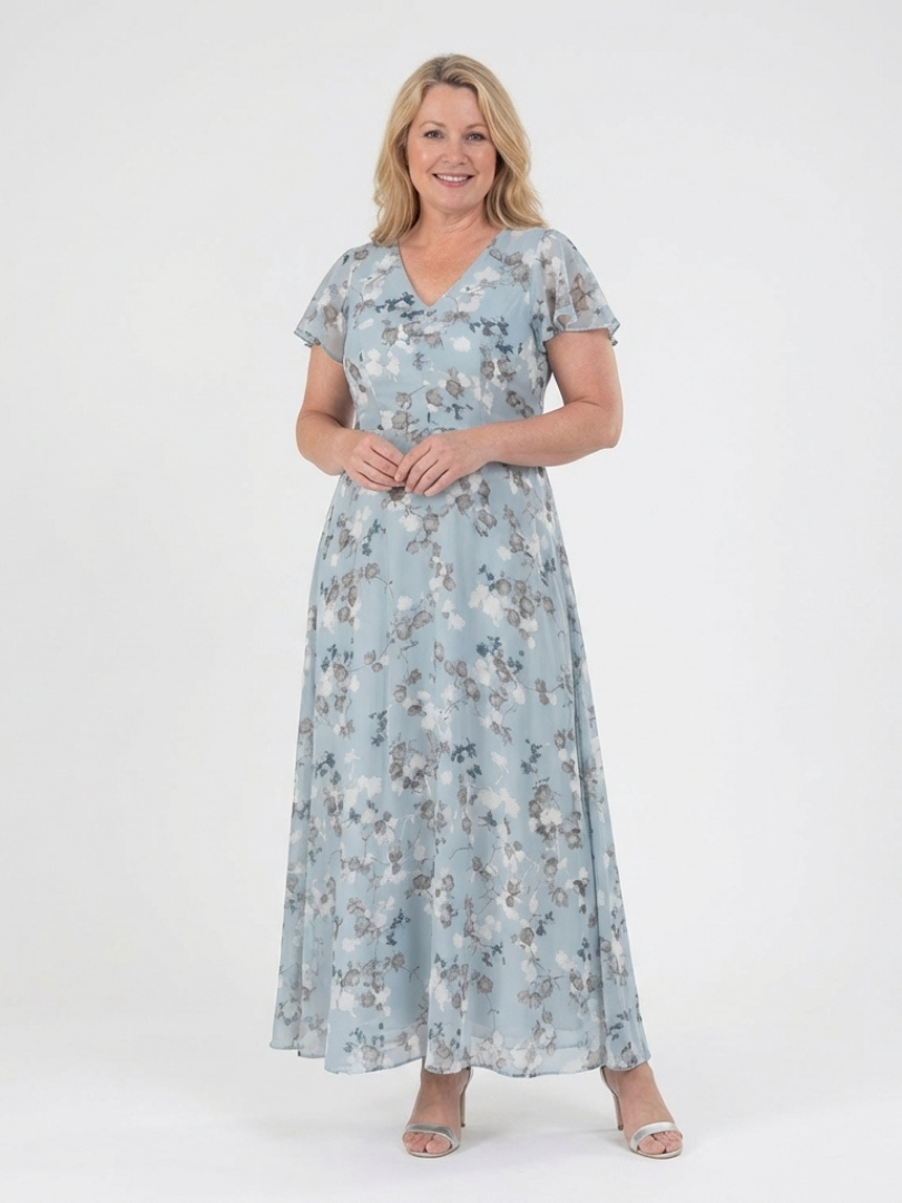 chiffon elegant print dress Blue Floral Mother of the Bride Dresses 2026 for WomenOne Shoulder Short Flutter Sleeve Side Ruched High Slit Midi Mermaid Formal Wedding shoulder neckline Felicity Chiffon Floral Print Dress