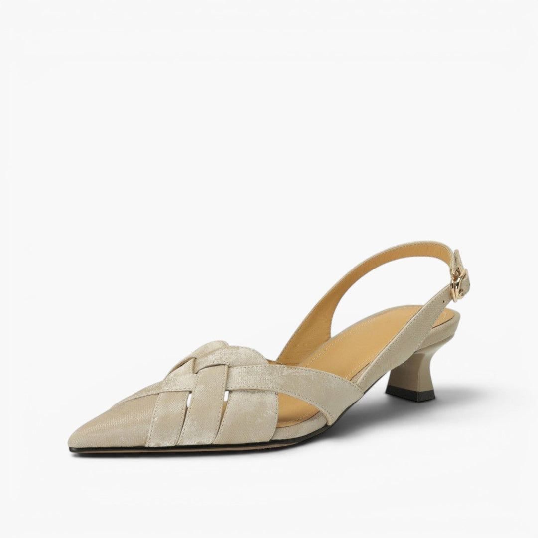 Cushioned insole of a woven leather slingback heel