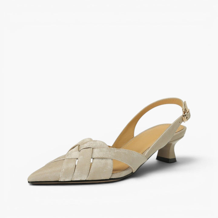 Cushioned insole of a woven leather slingback heel