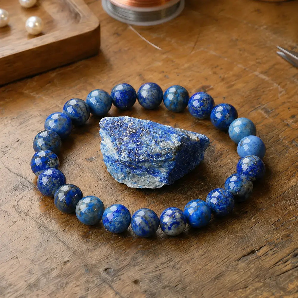Lapis lazuli bracelet on wrist for truth and confident communication