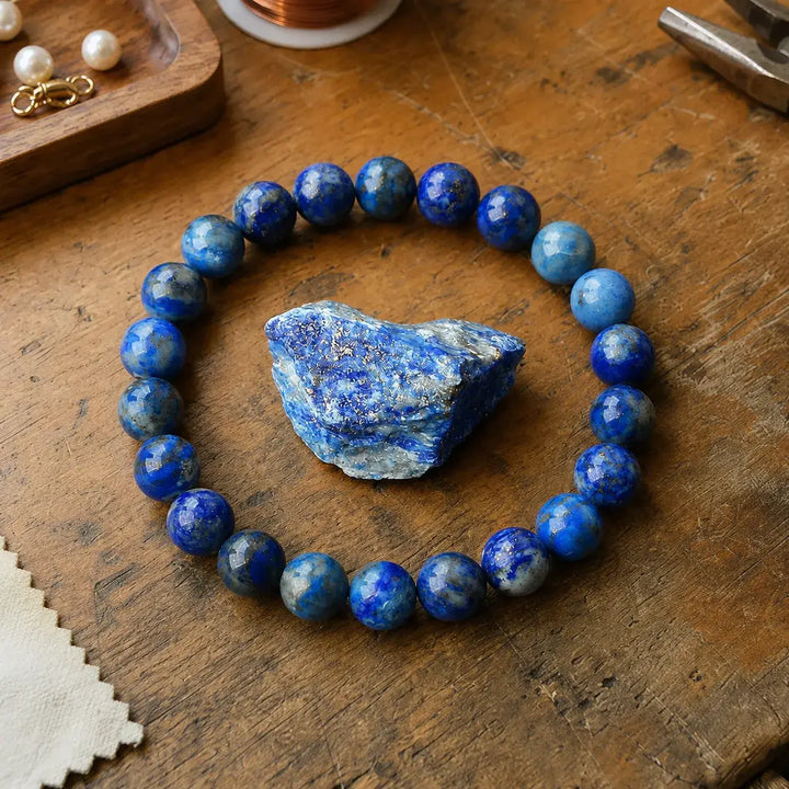 Close-up of natural blue lapis lazuli gemstone beads with gold flecks