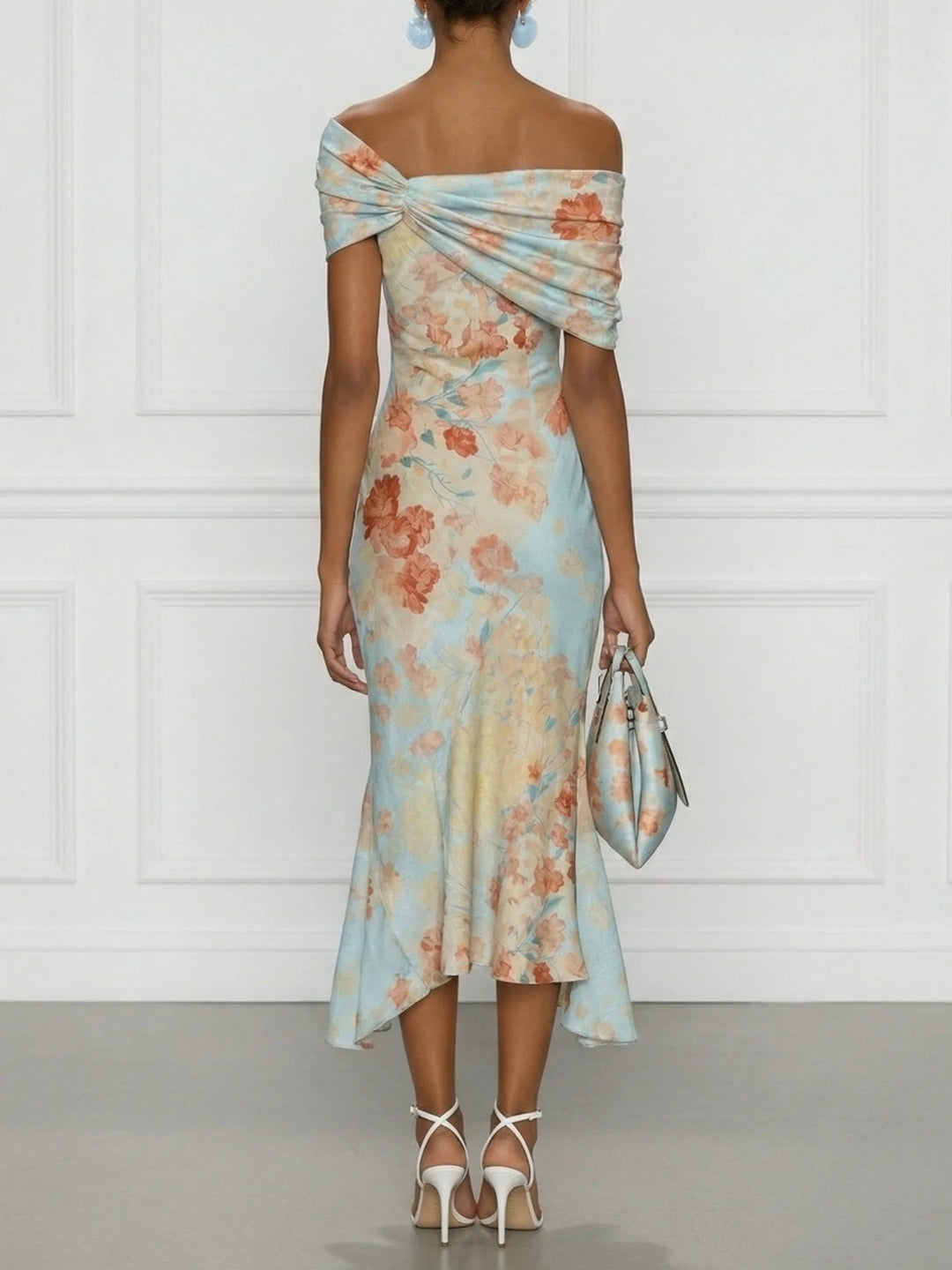 Vittoria - Off-Shoulder Midi Mermaid Dress with Sleeveless Design and Blue Floral Print