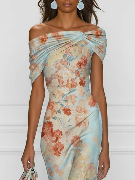 Vittoria - Off-Shoulder Midi Mermaid Dress with Sleeveless Design and Blue Floral Print