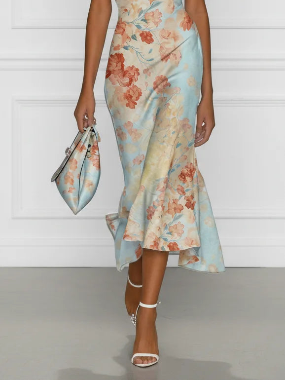 Vittoria - Off-Shoulder Midi Mermaid Dress with Sleeveless Design and Blue Floral Print