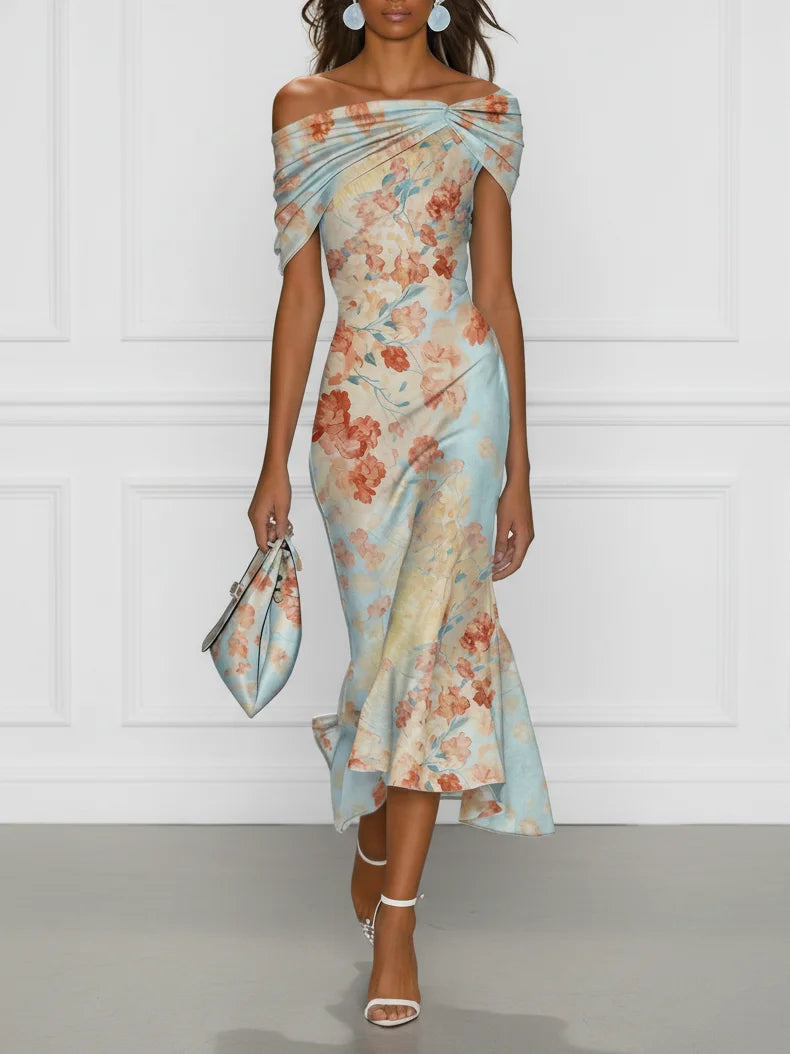 Vittoria | Off-Shoulder Midi Mermaid Dress with Sleeveless Design and Blue Floral Print