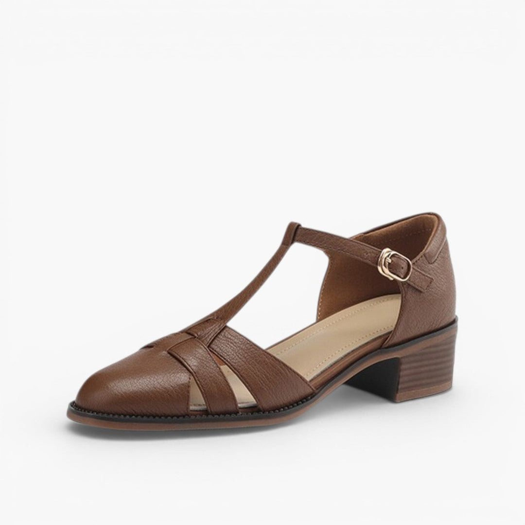Geraldine cutwork leather T-bar heels in Chestnut Brown, side profile
