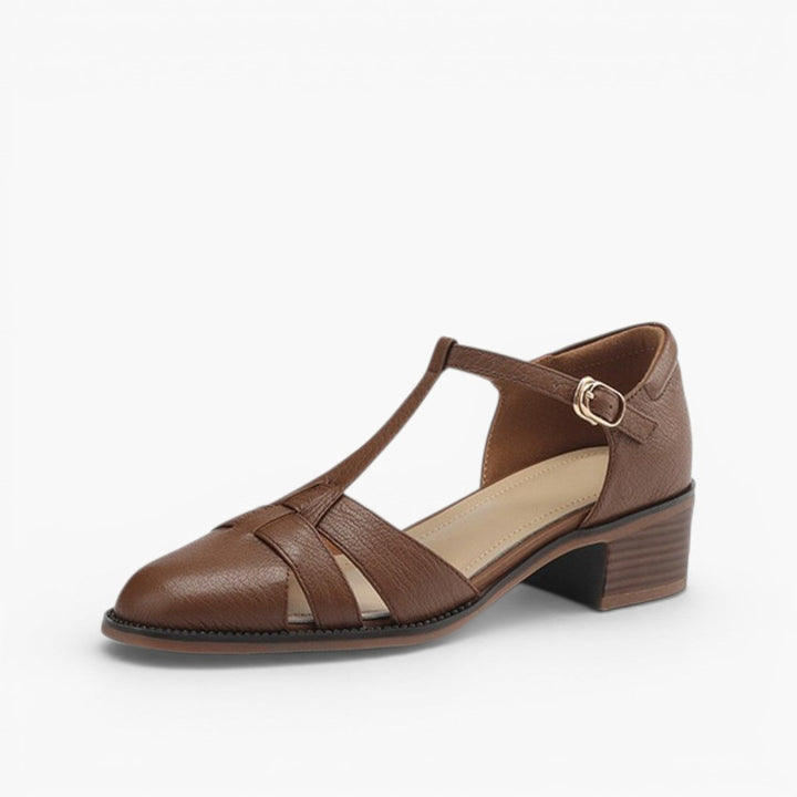 Geraldine cutwork leather T-bar heels in Chestnut Brown, side profile