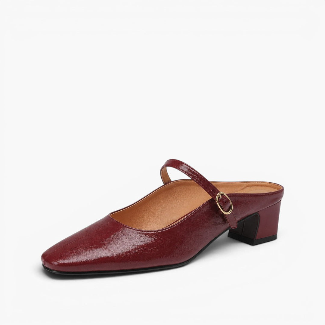 Women's strap leather heeled mules, side profile