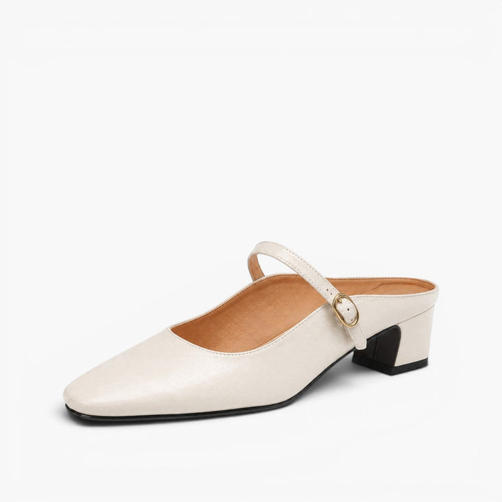 Adjustable strap detail on a leather heeled mule