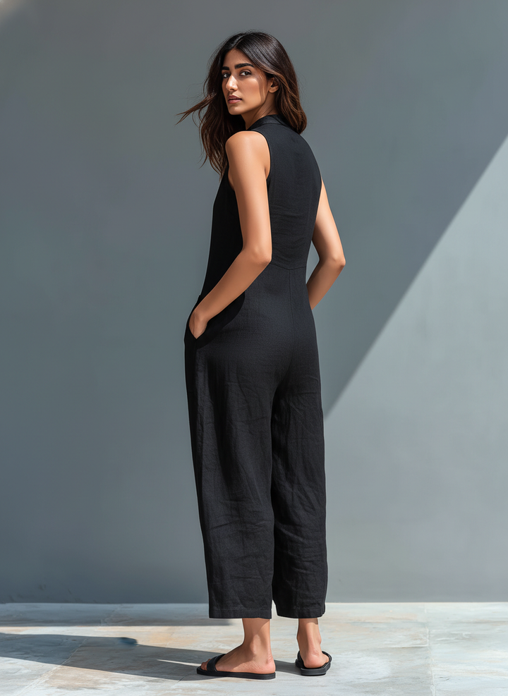 Aurelyn™ - High Collar Sleeveless Jumpsuit with Button Details
